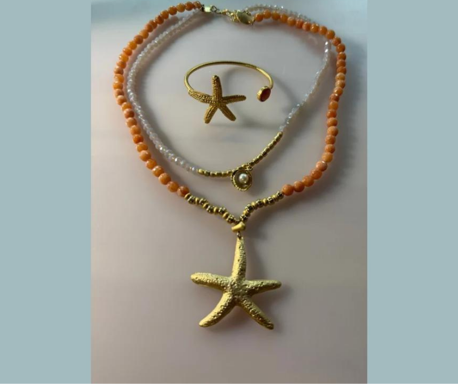 Coral Starfish Necklace with Bracelet