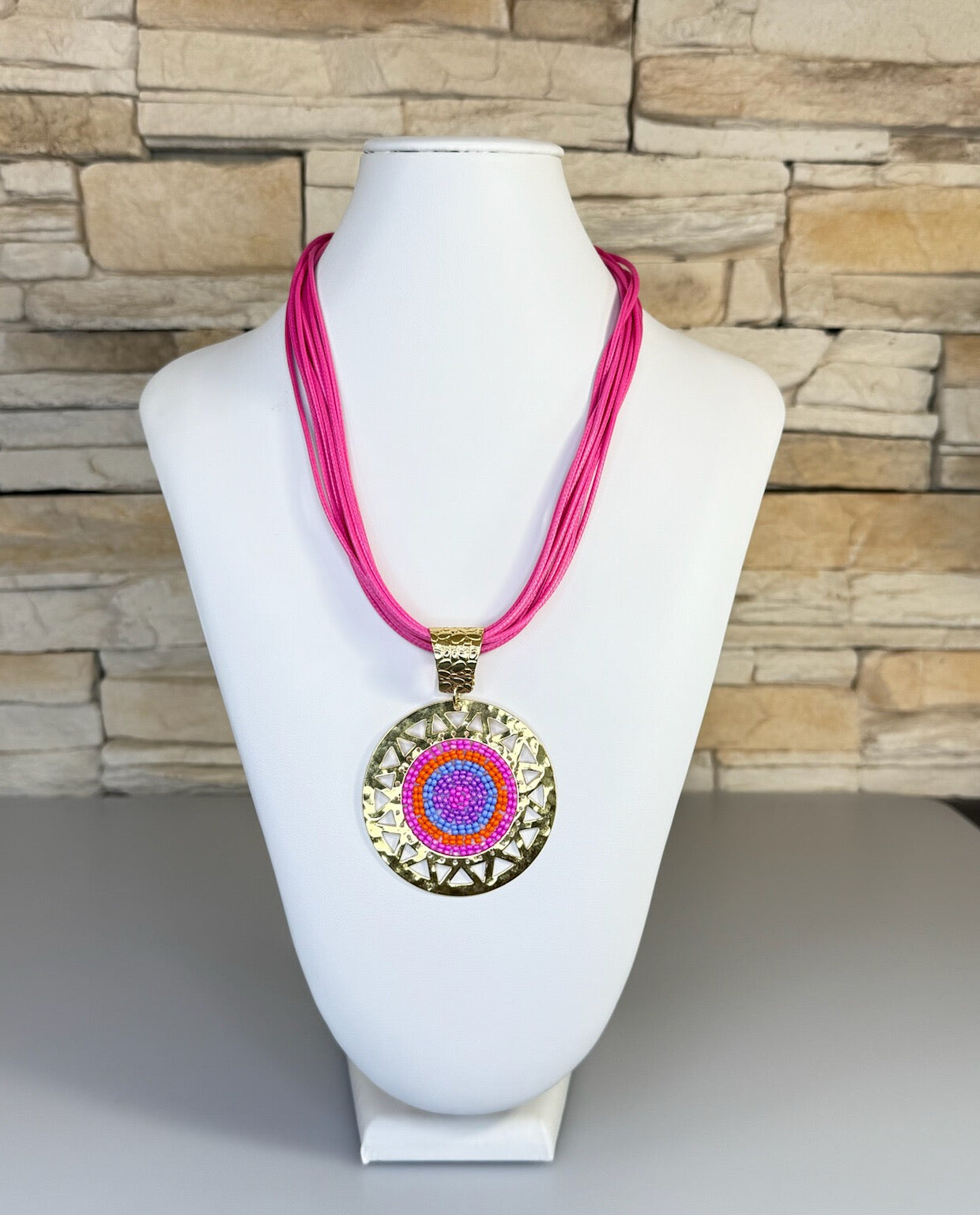 Pink Leather Czech seed beads Necklace