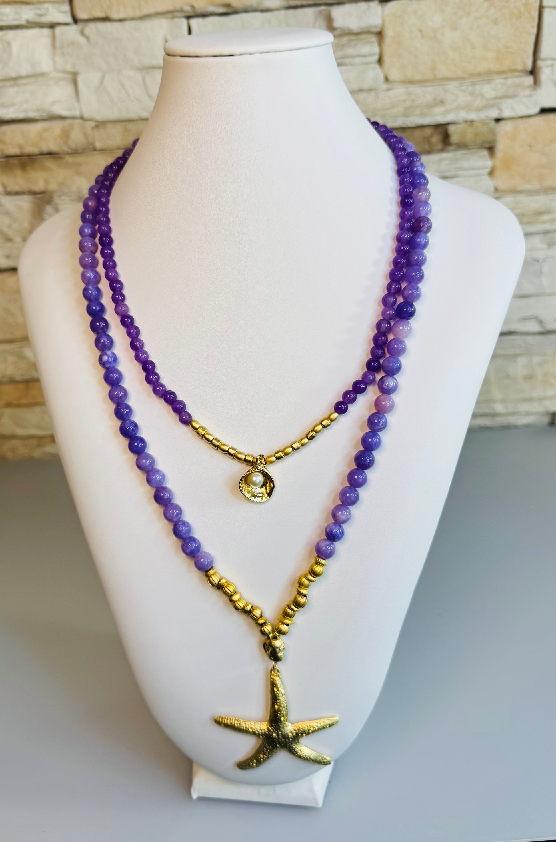 Violet Agata Starfish with Coral Necklace