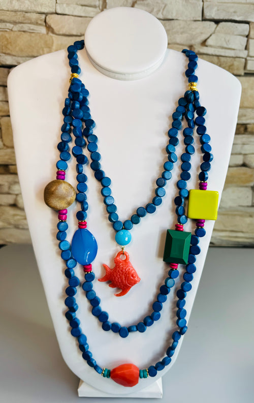 Blue Hand-painted wooden necklace